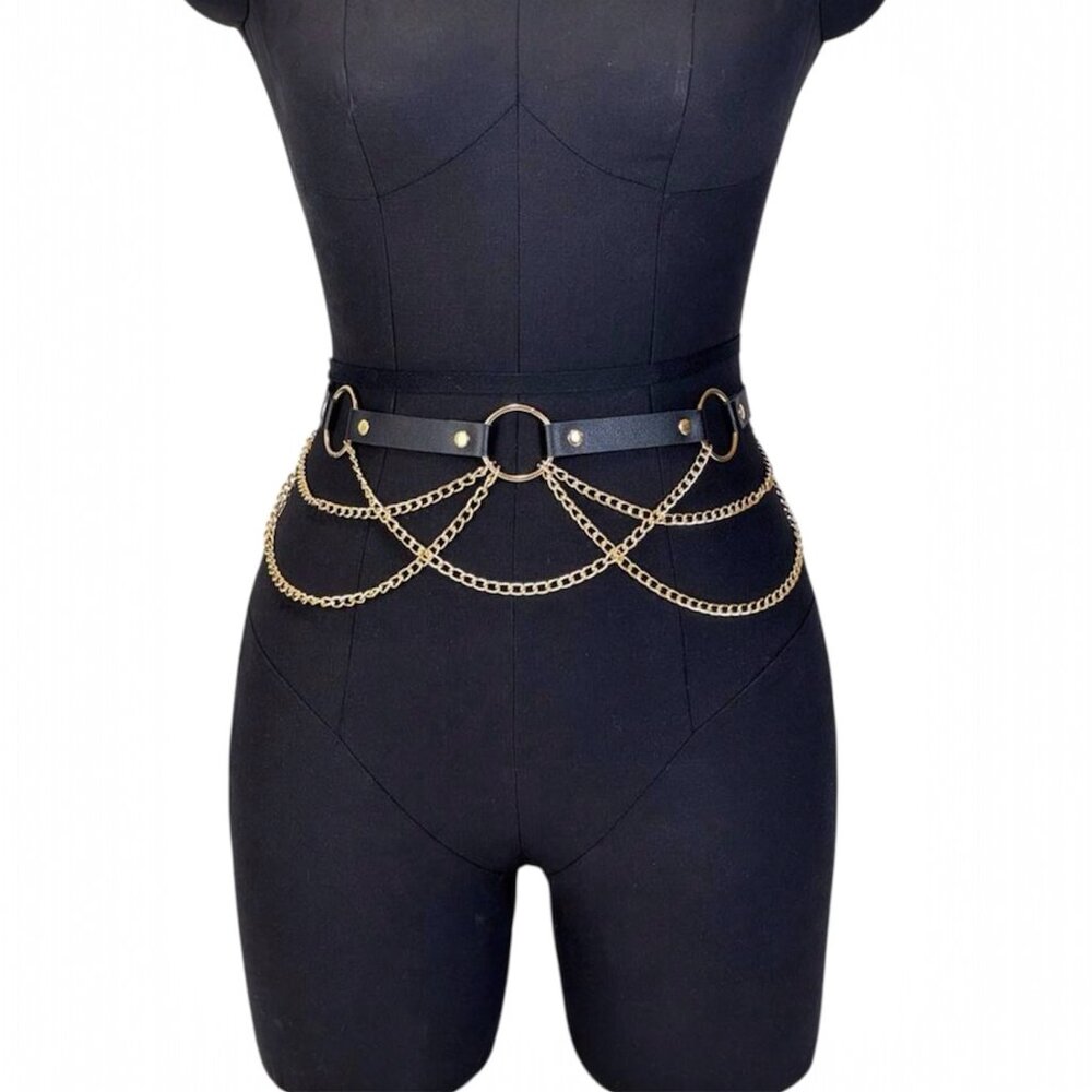 Women PU Leather Gold Waist Chain Body Harness Belt
